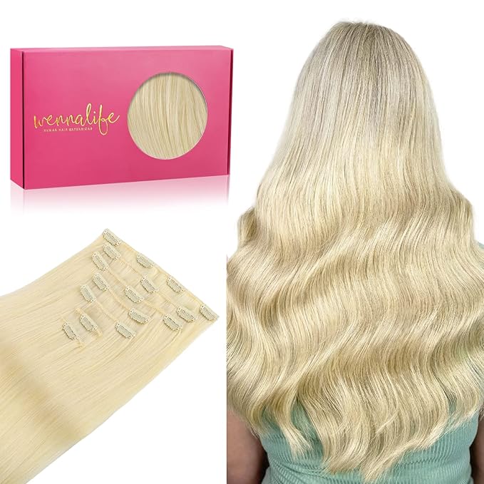 WENNALIFE Clip in Hair Extensions Real Human Hair, 16 Inch 120g 7pcs Human Hair Extensions Clip In Human Hair, Bleach Blonde Hair Extensions Clip In Real Hair Coloured Remy Human Hair Extensions