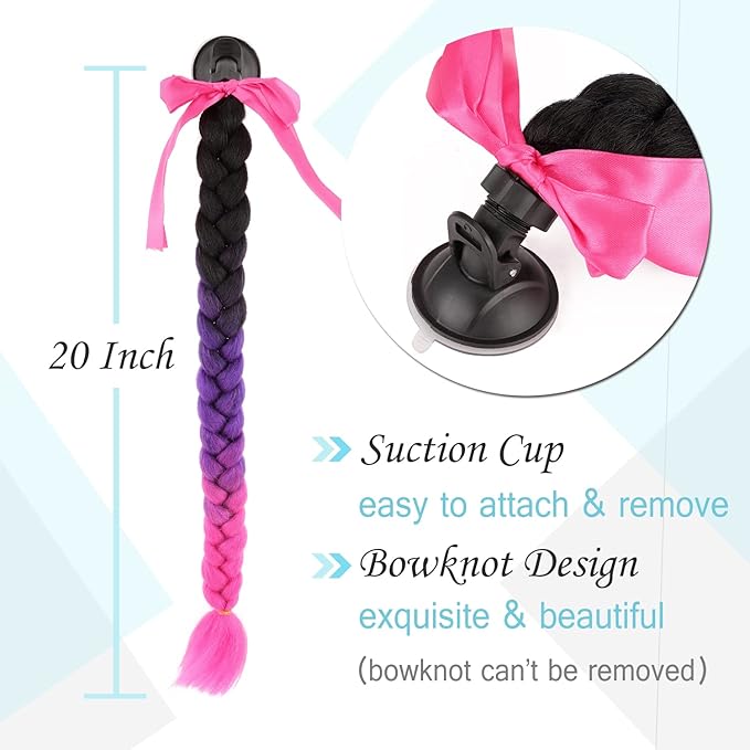 SEGO 1PCS/2PCS Helmet Pigtail Braids with Detachable Suction Cup Bowknot Ponytail Hair Many Colors (Helmet not Included)