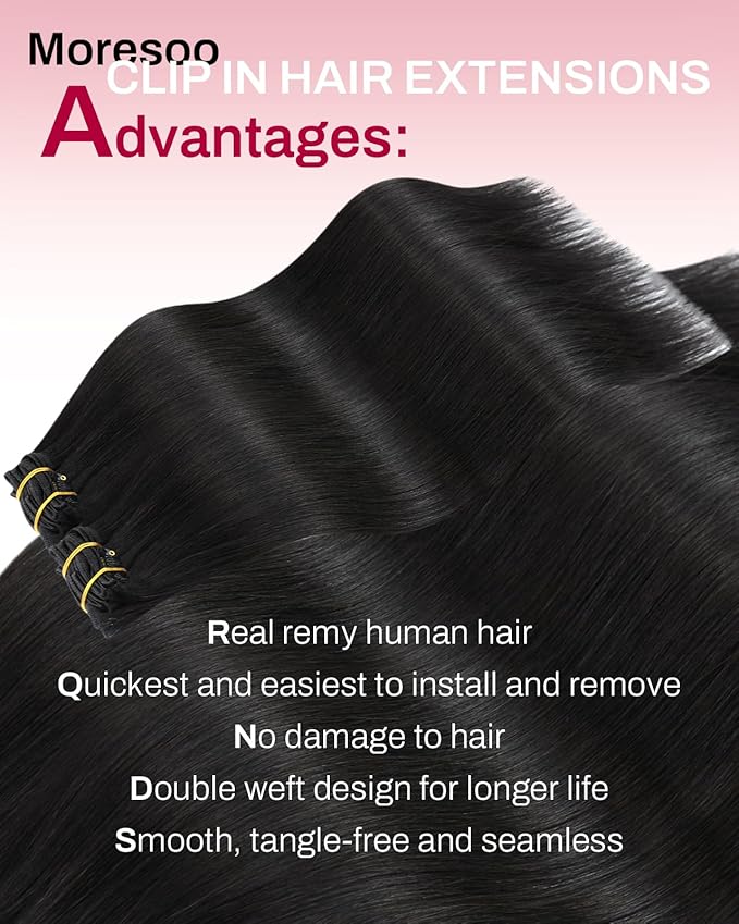 Moresoo Clip in Hair Extensions Real Human Hair Natural Black 5pcs 80g Remy Straight Invisible Lace Double Weft Human Hair Extensions Natural Black Human Hair Clip in Extensions #1b 22inch