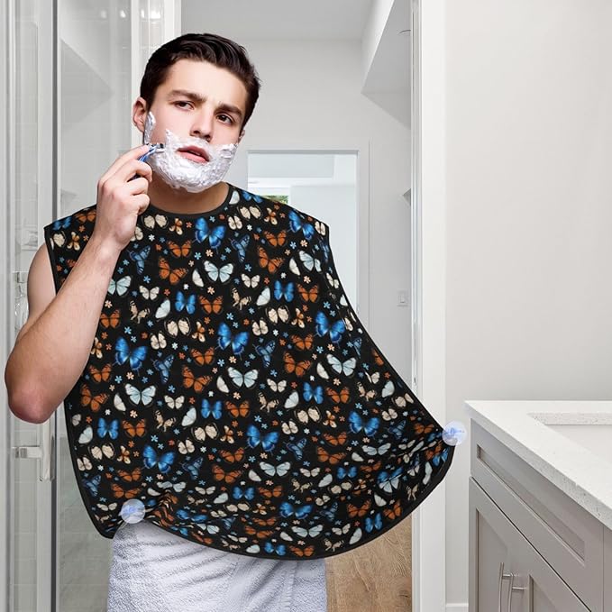 Waterproof Beard Trimming Bib, Non-Stick Hair Catcher for Men Shaving, Grooming Apron for Husband Dad, Blue and Yellow Tropic Butterflies Goth Shave Bib