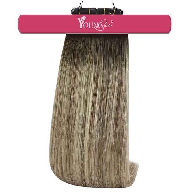 YoungSee Human Hair Tape in Extensions Brown Balayage Tape in Hair Extensions Real Human Hair Brown Ombre Blonde with Medium Brown Tapes Human Hair Extension Silky Straight 20 Inch 20pcs 50g