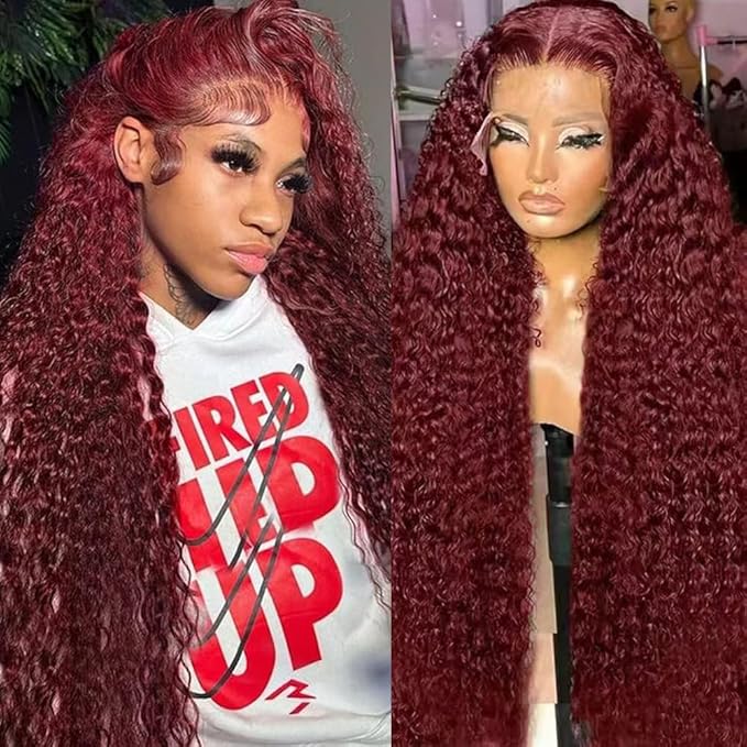 Burgundy Wig Human Hair Deep Wave 13x6 Transparent Lace Front Wigs Human Hair 200 Density 99j Burgundy Wigs Pre Plucked 99J Curly human Wig with Baby Hair 22 Inch
