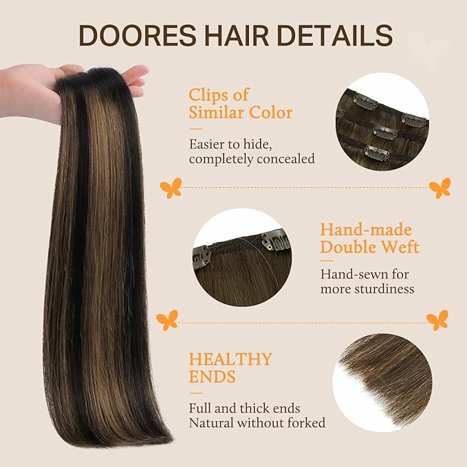 DOORES Human Hair Extensions Clip in, Balayage Natural Black to Chestnut Brown 14 Inch 7pcs 100g, Thick Straight Clip in Remy Hair Extensions Natural Weft