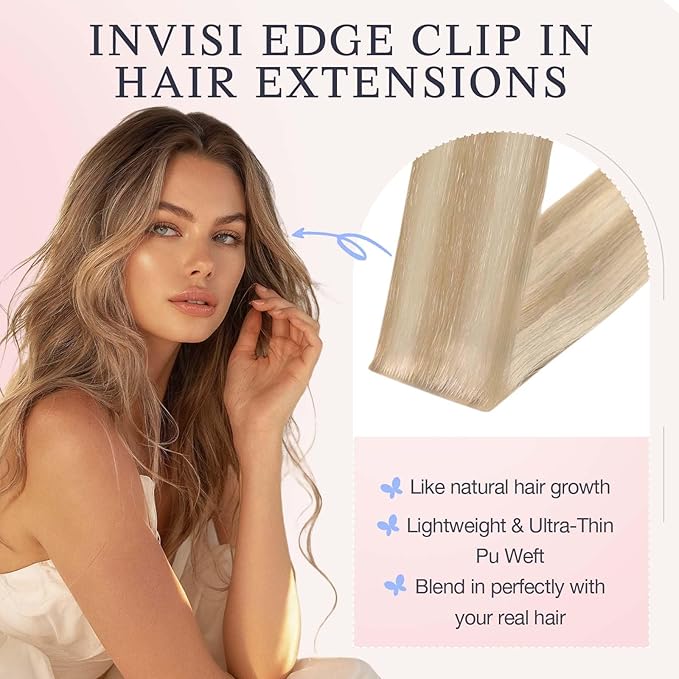 DOORES Invisi Edge Clip in Hair Extensions 22 inch 150g 7pcs, Virgin Real Human Hair PU Clip in Extension Invisible Seamless Natural Thickening Hairstyle, 18/613 Dark Blonde Highlighted Bleach Blonde