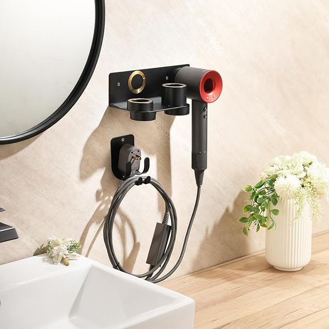 Dyson Hair Dryer Holder, Hair Dryer Wall Mount Hanger for Supersonic Nural, 5 Attachments Magnetic Aluminum Anti-Scratch Dyson Blow Dryer Holder with Cord Hook, No-Drill/Screw Installation UEMUSI