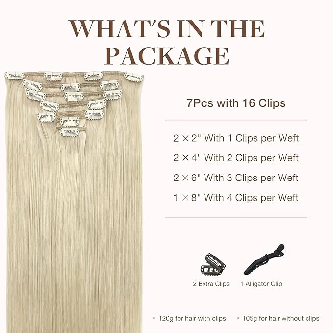 GOO GOO Clip in Hair Extensions Real Human Hair, Remy Human Hair Extensions Clip ins for Women, Natural Human Hair, 14inch 120g 7Pcs, 60A Platinum Blonde