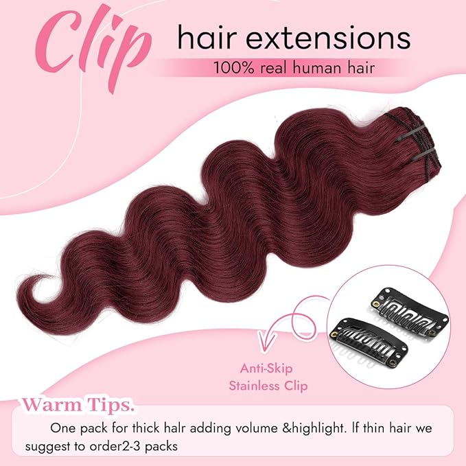 Clip in Hair Extensions Real Human Hair Body Wave 99J Burgundy Clip in 100% Brazilian Remy Human Hair Extensions 8pcs Per Set with 18 Clips Double Weft 18 Inch 100g/3.6oz