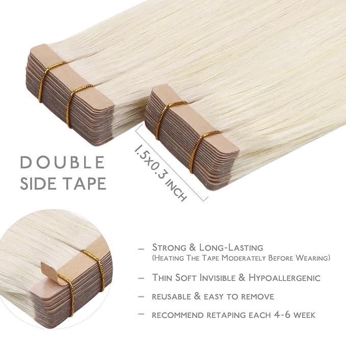 WENNALIFE Tape in Hair Extensions Human Hair, 20pcs 50g 24 inch White Blonde Remy Hair Extensions Straight Human Hair Tape in Extensions Skin Weft Tape Extensions Human Hair