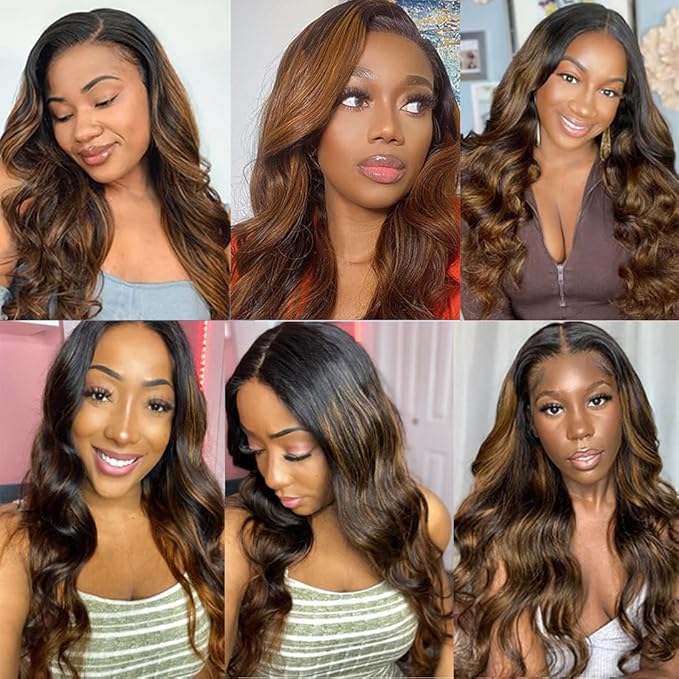 Highlight Bundles Human Hair Light Brown Body Wave Bundle Niegmeag Brazilian Virgin Remy Hair 3 Bundles 18 20 22 Inch Double Weft 2 Tone Black and Light Brown Bundle P1B30 Color