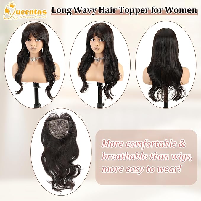 QUEENTAS 22" Curly Hair Topper for Women with Thinning Hair Daily Wear 360°3D Cover Up 6.5"*6" Fluffy Brown Wavy Hair Pieces with Bangs(Dark Brown)