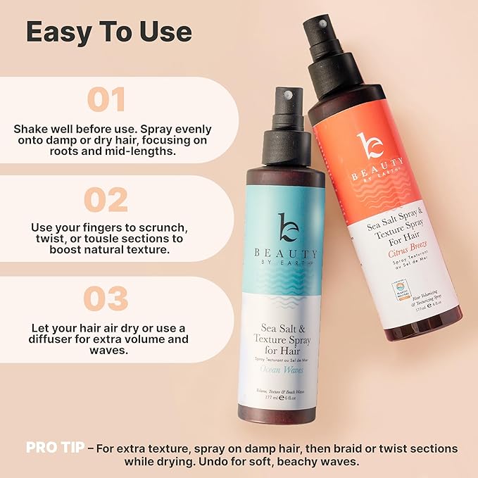 Beauty by Earth Sea Salt Spray for Men & Women - Texture Hair Spray for Adding Volume & Beachy Waves, USA Made with Organic Ingredients