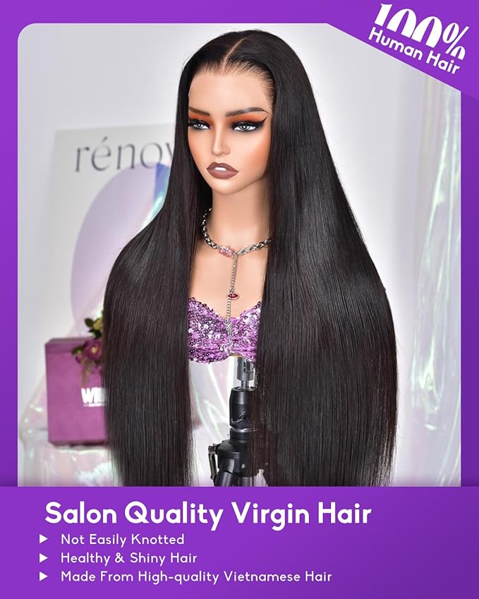 9x6 SKINLIKE Real HD Lace Closure Wig, Straight 180% Density 0.10mm Ultra-thin Swiss Lace Pre-plucked Bleached Small Knots With Baby Hair Natural Black Human Hair Wigs 24 Inch