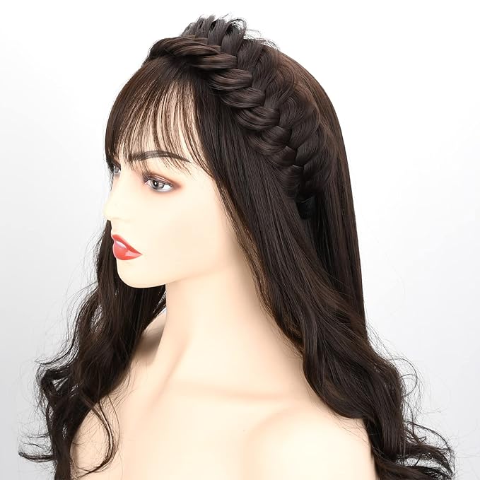 DIGUAN Wide Messy Braided Headband With Teeth Synthetic Hair Plaited Headband High Elasticity Braids Chunky Fishtail Braided Hair Band Hairpiece for Girls Women Beauty Accessory (Dark Gray)
