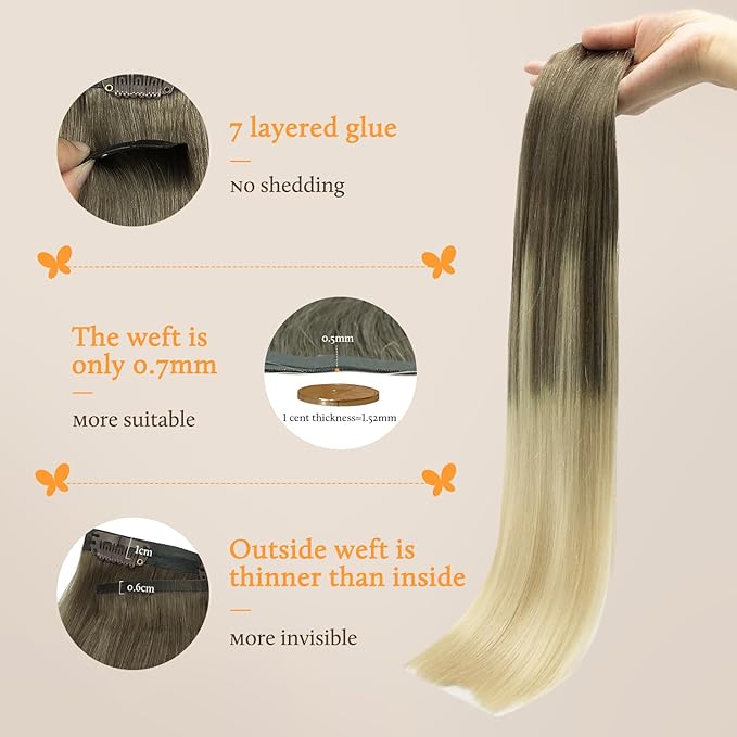 DOORES Real Human Hair Extensions, Ash Brown to Platinum Blonde, 16 Inch, 130g, 7pcs, Seamless Clip in, Remy Straight, Invisi Edge
