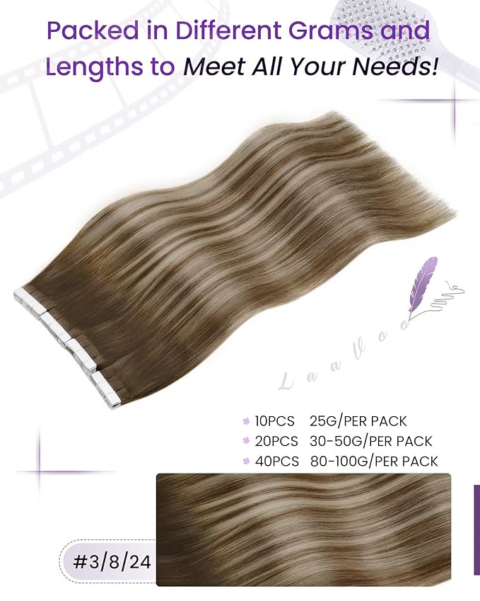 LaaVoo Hair Extensions Tape in Real Human Hair Balayage Tape in Hair Extensions Human Hair Ombre Dark Brown to Light Brown Mix Light Blonde Tape on Extensions Invisible 16inch 20pcs 50g