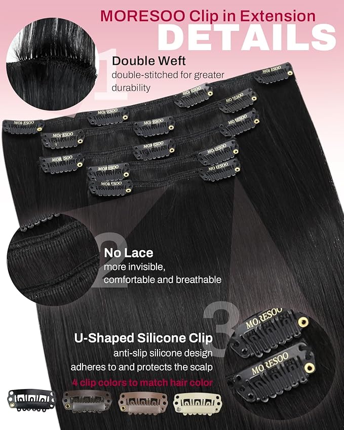Moresoo Natural Black Clip in Hair Extensions Straight Natural Black Human Hair Clip in Extensions Remy Human Hair Long for Women Double Weft 80g/5pcs 16 inch
