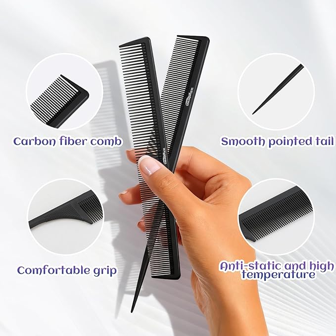 2Pcs Combs for Women and Men，Professional Black Carbon Fiber Teasing Comb，Combs for Hair Stylist, Fine and Wide Tooth Styling Comb for All Hair Types（Style 3）