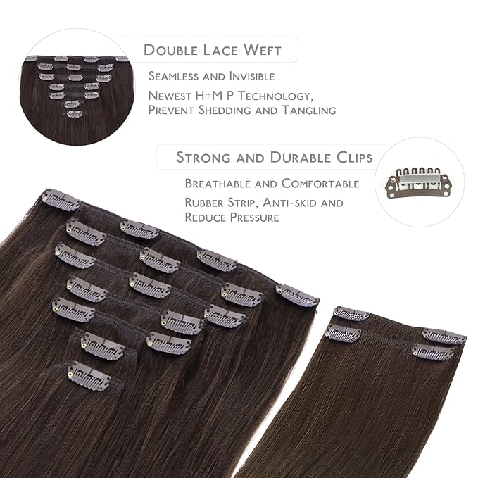 Wennalife Clip in Human Hair Extensions, 24 Inch 150g 9pcs Clip in Hair Extensions Real Human Hair, Light Dark Brown Human Hair Clip in Extensions Remy Human Hair Extensions Clip Ins Double Weft