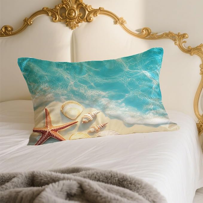 Imitation Silk Pillow Case for Hair and Skin Beautiful Beach and Starfish 1 Pack Satin Pillow Case Standard Size with Hidden Zipper Smooth Cooling Pillow Cover for Sleeping 20”x26”