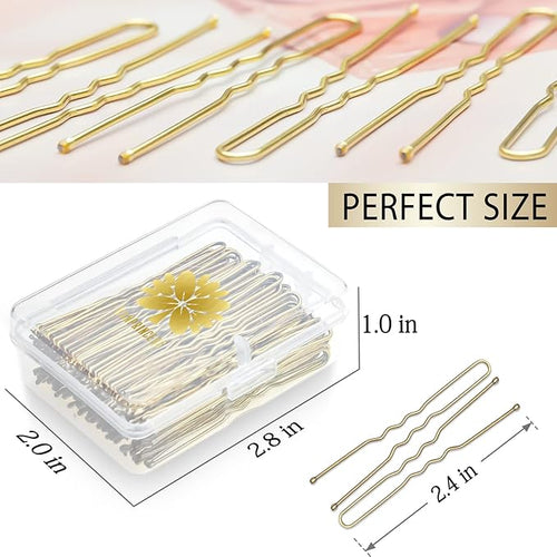 100PCS 2.4Inch U Shaped Hair Pins,Gold Bobby Pins for All Hair Types,Hair Pins for Women,Pain-Free U Pins for Buns With Box（Gold）