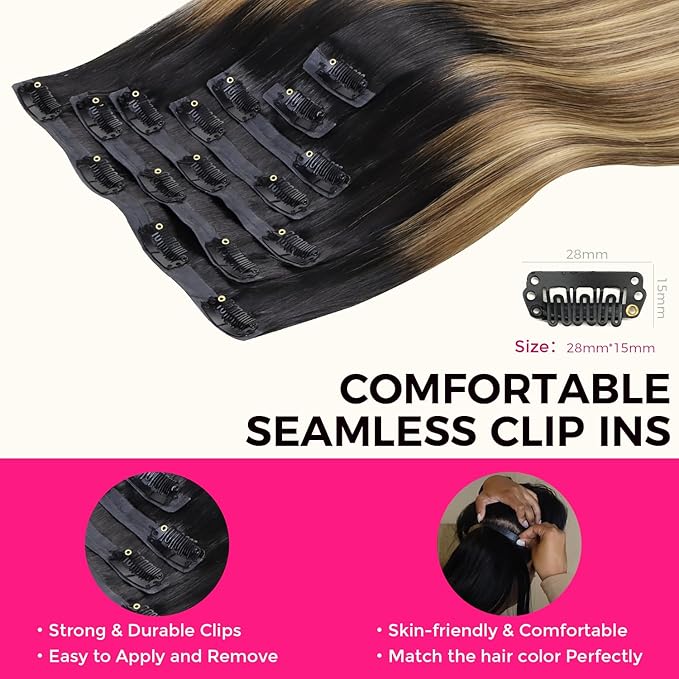 Lashey PU Clip in Hair Extensions Straight 110g 7pcs Seamless Clip in Human Hair 18 Inch Balayage Ash Brown to Honey Blonde with Dark Roots Real Human Hair Extensions Natural Hair for Women