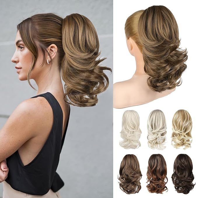 Ponytail Extension - 14" Claw Clip in Ponytail Hair Extensions Natural Soft Synthetic Layered Wavy Pony Tail Hair Pieces for Women (Light Chocolate Brown with Highlights)