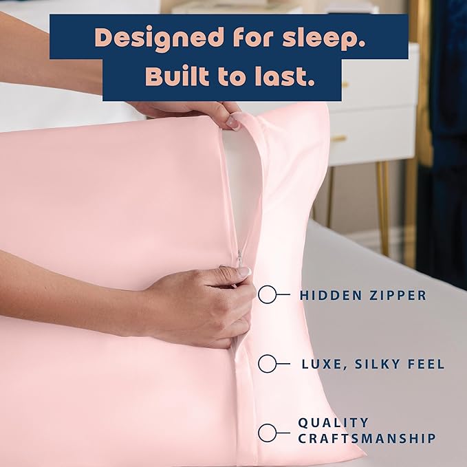 BLISSFORD Pink Satin Pillowcase with Zipper, for Hair and Skin Care, Feels Soft and Cool Like a Silk Pillowcase, Satin Pillow Cases 2 Pack, Slik Pillow Cover, King Size - Set of 2