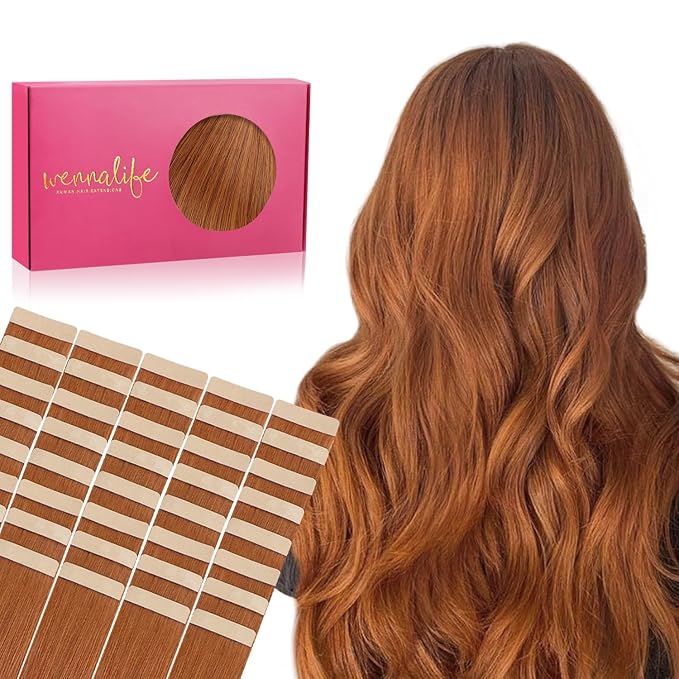 WENNALIFE Tape in Hair Extensions, 40pcs 100g 18 Inch Dirty Ginger Human Hair, Straight Invisible Reusable Real Extensions