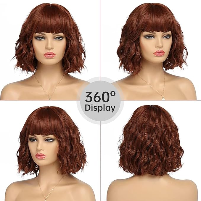 Short Auburn Wigs for Women Dark Ginger Wig with Bangs Wigs Natural Looking Curly Hair Medium Length Synthetic Bob Wig Wavy Colorful Wigs（14 Inches）