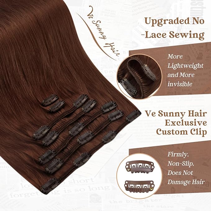 Ve Sunny Clip in Human Hair Extensions Remy Hair Extensions for Women 24 inch Clip in Hair Extensions Real Human Hair Dark Auburn Red Long Straight Hair Extensions 7pcs 120g
