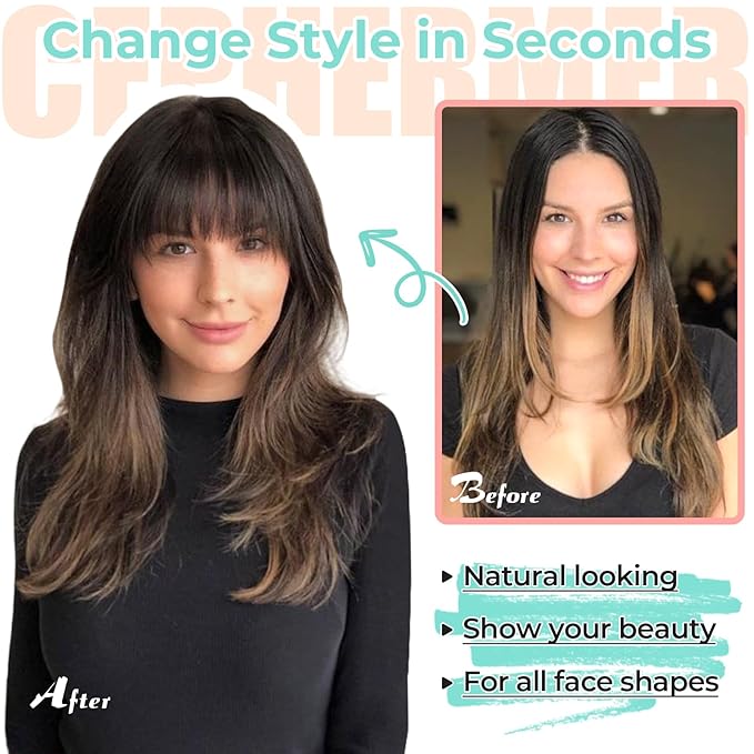 Clip in Bangs, Synthetic French Bangs Hair Clip, Fake Bangs Fringe with Temples Hairpieces for Women Natural Curved Hair Extensions for Daily Wear Light Chestnut Brown