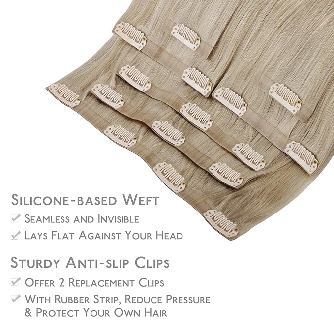 WENNALIFE Seamless Clip In Hair Extensions, 16 Inch 130g 7pcs Ash Blonde to Golden Blonde and Platinum Blonde Hair Extensions Clip in Human Hair Invisible PU Skin Weft Natural Remy Human Hair