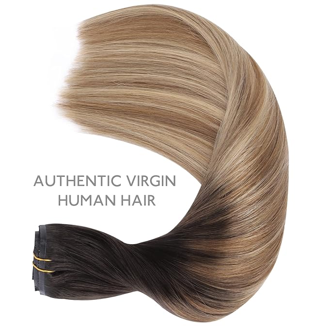 WENNALIFE Lace Seamless Clip in Hair Extensions Human Hair 7pcs Ultra Invisible 50% Thinner Seamless Clip Ins Dark Brown to Chestnut Brown and Dirty Blonde Highlighted Natural Remy Hair 14 inch