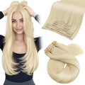 Moresoo Golden Platinum Blonde Clip in Hair Extensions Blonde Hair Extensions Clip ins Real Human Hair for Women Long Double Weft #60 120g/8pcs 18 inch