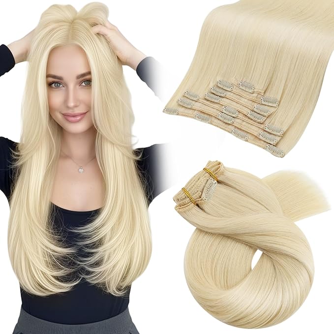Moresoo Clip in Hair Extensions Remy Double Weft Human Hair Clip in Extensions Straight Hair Extensions for Women Golden Platinum Blonde #60 7pcs 120g 16inch