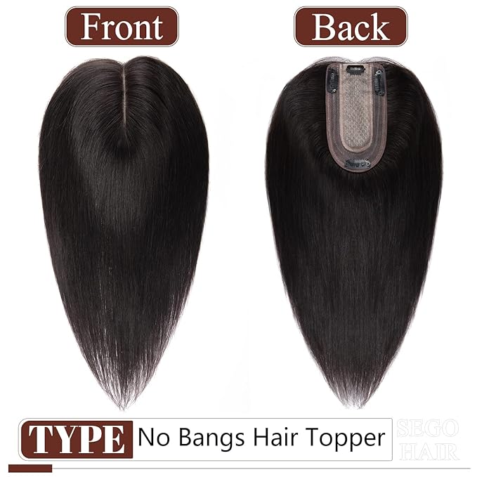 SEGO Real Human Hair Topper for Women, No Bangs Hair Topper with Anti-Slip Clips (16 Inches 1B Natural black)