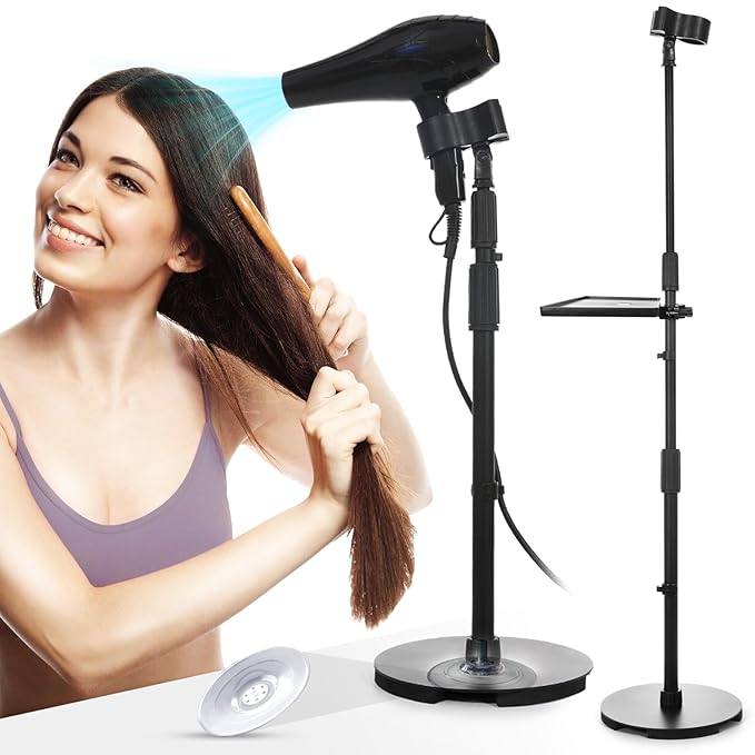 Hands-Free Hair Dryer Stand Holder with Strong Suction Base-63in/160cm Height Adjustable Floor Blower Stand Holder, 180 Degrees Rotatable Larger Clamp Countertop Blow Dryer Stand for Salons or Home Use