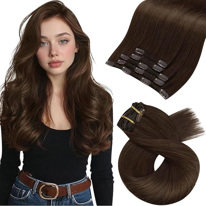 Moresoo Clip in Hair Extensions Brown Human Hair Clip in Extensions Double Weft Remy Straight Hair Extensions Real Human Hair Clip ins Medium Brown #4 5pcs 80g 22inch