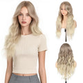 Long Wavy Ash Blonde Wig with Curtain Bangs for Women 26 Inch Synthetic Wig Natural Looking Heat Resistant Fiber Hair Wig for Daily Party Halloween Cosplay Use