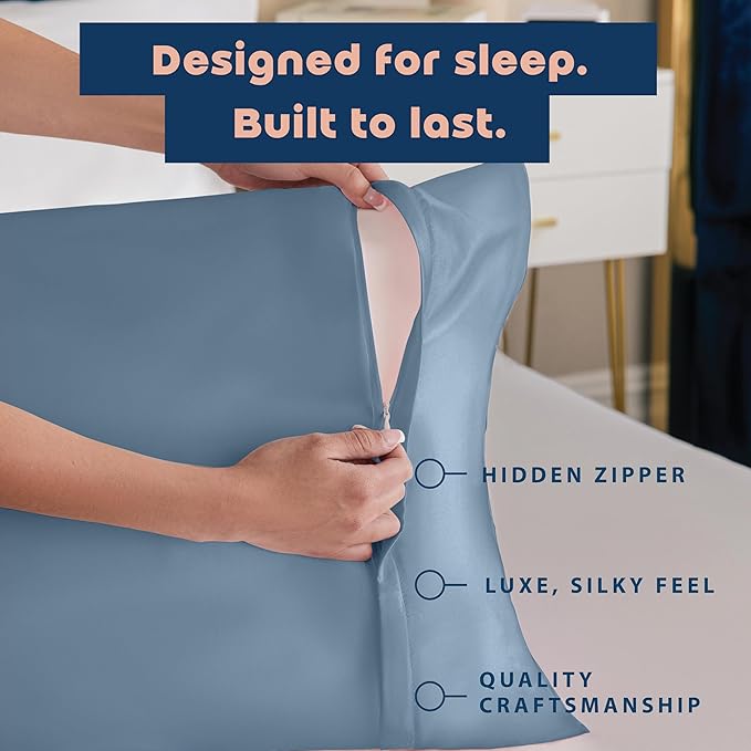 BLISSFORD Satin Pillowcase with Zipper, for Hair and Skin Care, Feels Soft and Cool Like a Silk Pillowcase, Satin Pillow Cases 2 Pack, Slik Pillow Cover, Slate Blue - Queen Size, Set of 2