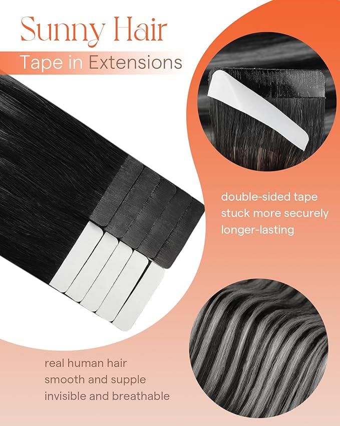 Sunny Hair Tape in Hair Extensions Real Human Hair Invisible Remy Hair Extensions Tape ins for Women Ombre Natural Black Root to Sliver Grey 14 inch 25G