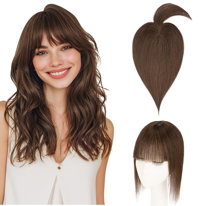 Hairro Mono Hair Toppers with Bangs, 3.4" x 3.4" Mono Base 100% Real Human Hairpieces for Women, 150% Density Clips In Topper for Greyish Thinning Hair, 18 Inch Dark Brown