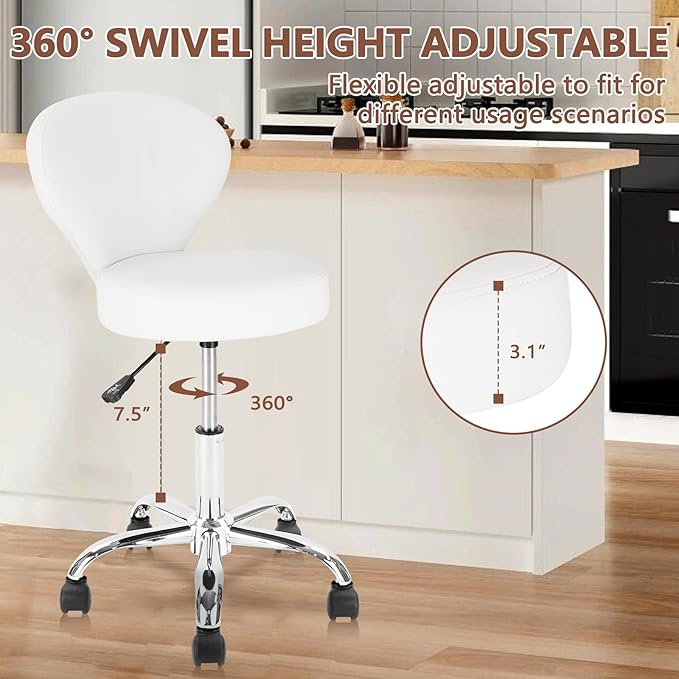 Set of 2 PVC Faux Leather Rolling Swivel Salon Stool Chair with Back Support Adjustable Hydraulic Seat Height 22 in Diameter 15 Inch for Facial Spa Medical Tattoo Beauty Barber White 2 Pack