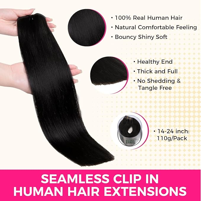 Lashey Yaki Straight Clip in Hair Extensions Real Human Hair #1 Jet Black Seamless Clip in Hair Extension Human Hair 7Pcs 110g 20 Inch PU Weft Natural Hair for Women