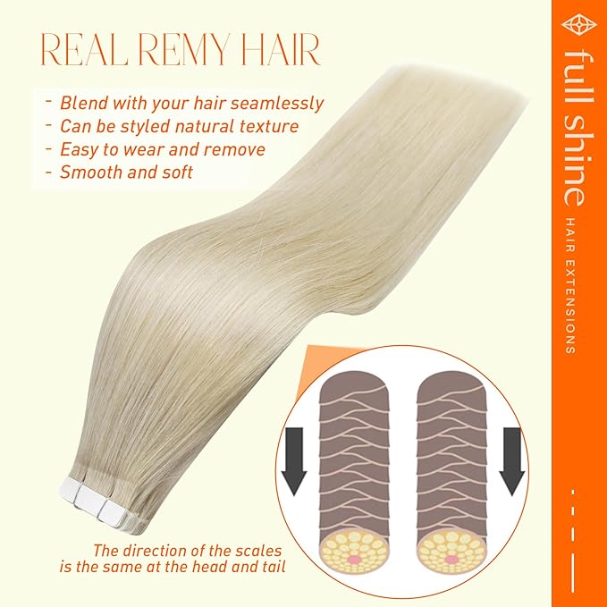 Full Shine Blonde Tape in Hair Extensions Human Hair 20Inch Tape in Extensions Color 60 Bleach Blonde Double Sided Tape 20Pcs Seamless Skin Weft Remy Natural Hair Extensions Tape ins 50G Brazilian