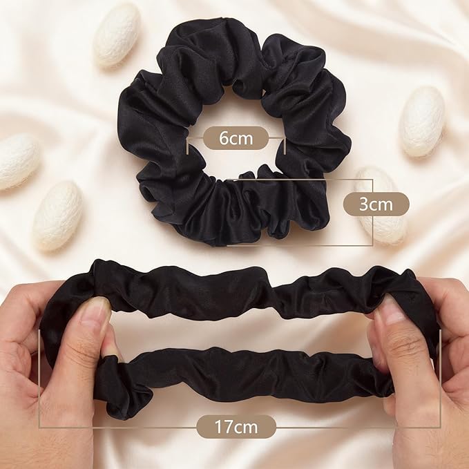 3 Pcs Silk Hair Ties, 22 Momme 100% Mulberry Hair Band, Silk Scrunchies for Women and Girls, 6A Grade No Damage Ponytail Holders (1.2in Width, Black)