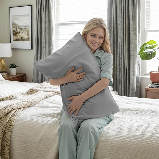 TELUS Pillow Cases Standard Size 2 Pack, Bamboo Rayon & Lyocell Pillowcase with Envelope Closure, Cooling Breathable Pillow Cover for Hot Sleeper & Night Sweats, 20x26 inch, Light Grey