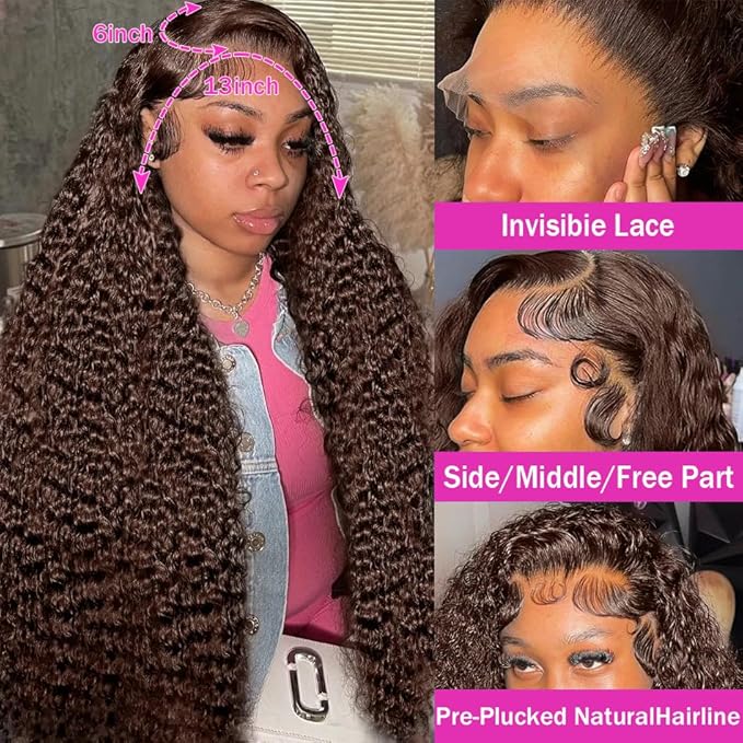 Anderah Chocolate Brown Deep Wave Lace Front Wigs Human Hair 200 Density 13x6 HD Lace Frontal Wigs Curly Human Hair Wig For Women Pre Plucked with Natural Hairline 4# Brown Color (26inch)
