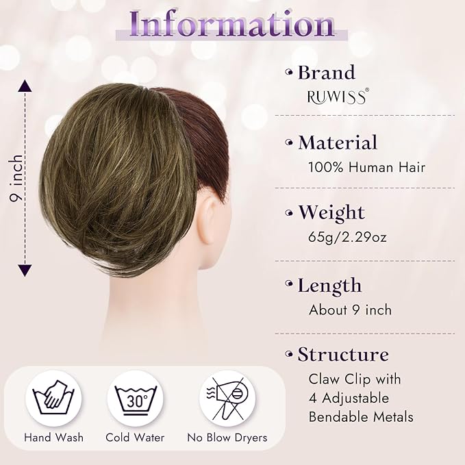 RUWISS Claw Clip Short Human Hair Ponytail Extension with Bendable Metals for DIY Styles, Straight Messy Bun Hair Piece for Women Thick Hairpieces for Daily Wear, 9 Inch Brown Mixed
