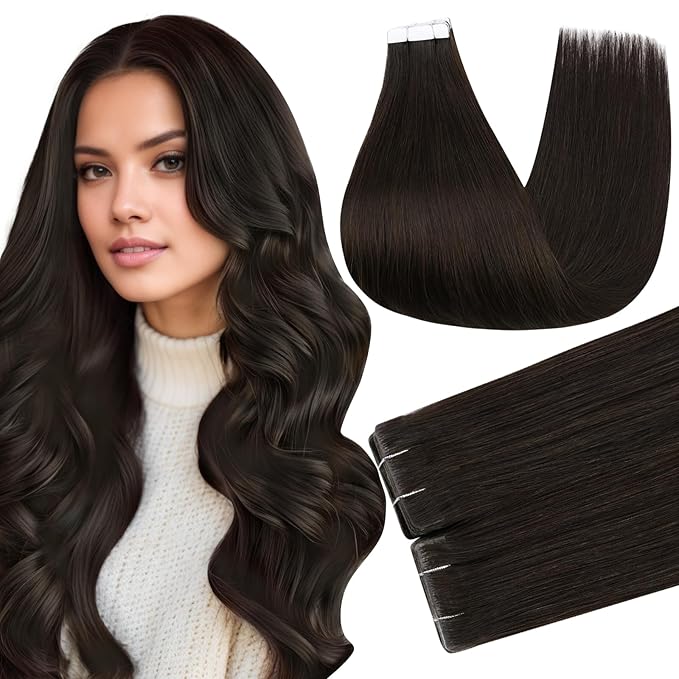 Full Shine Intact Tape in Extensions Human Hair Injected Human Hair Extensions Tape in Color 2 Dark Brown Remy Seamless Skin Weft Long Silky Straight Extension 18Inch 50Gram 20Pcs Brazilian